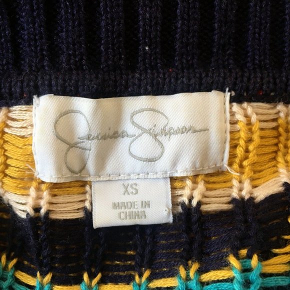 Vintage Jessica Simpson Long Sweater Size XS Tribal Aztec Navy Mustard Y2K - Picture 11 of 14